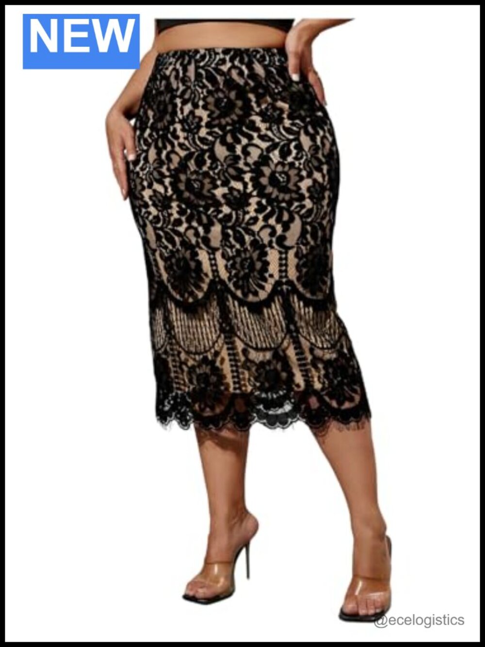 Plus Size Lace Midi Skirt High Rise Elastic Waist Floral Patchwork